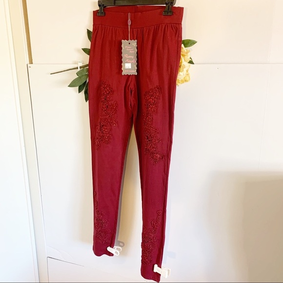 Pretty Angel Women’s Stretch Linen Pants Bling on-appliqué - Picture 1 of 12